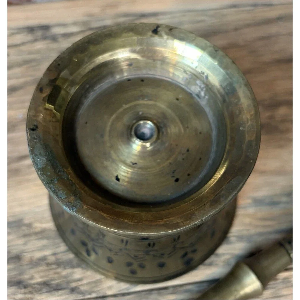 Vintage Brass Mortar & Pestle Set Hand Decorated Geometric Design